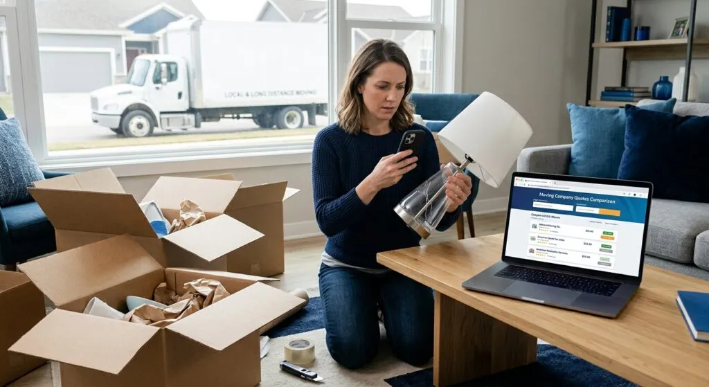 Customer photographing damaged belongings after a move while reviewing mover information on a laptop
