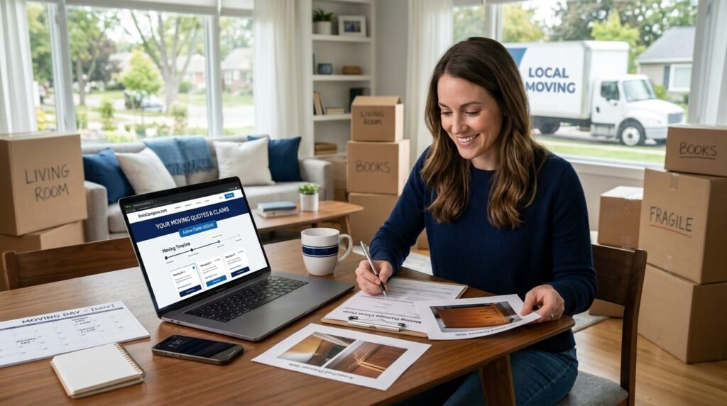 Customer reviewing moving damage claim documents on a laptop with packed boxes nearby
