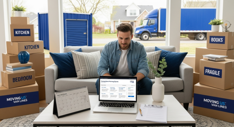 Homeowner comparing moving container and mover quotes on laptop next to packed boxes