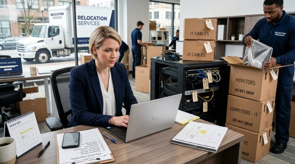Office manager comparing moving quotes for IT and equipment relocation with packed computers and servers nearby