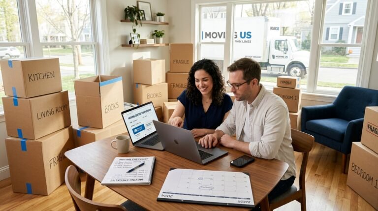 Couple comparing moving quotes on a laptop with boxes and a calendar nearby.