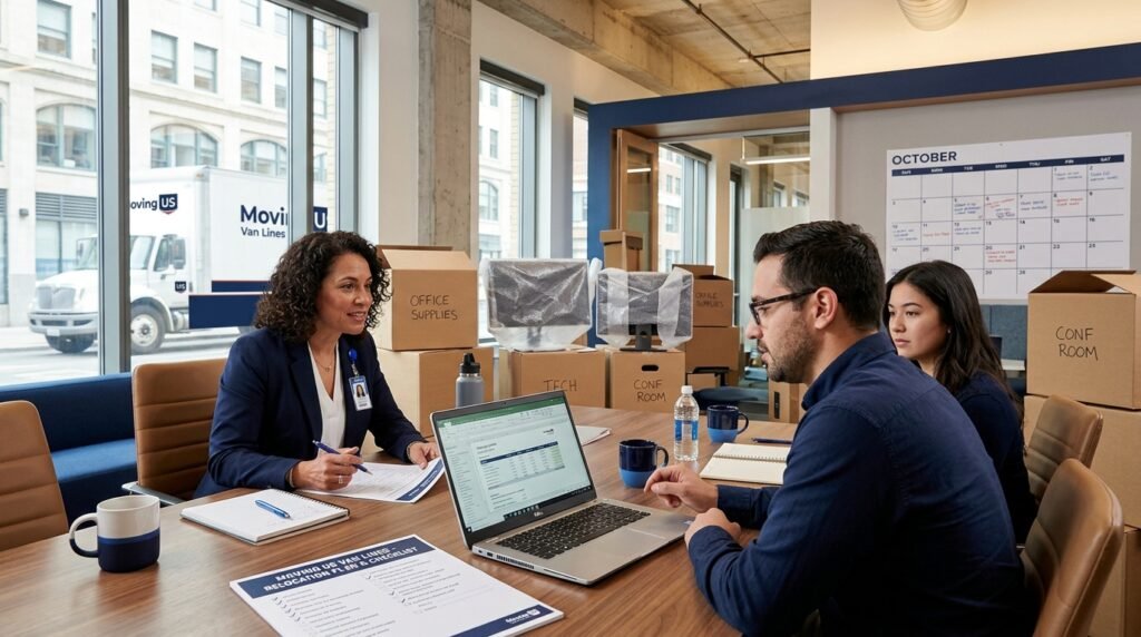 Office manager reviewing commercial moving quotes next to packed boxes and a relocation checklist