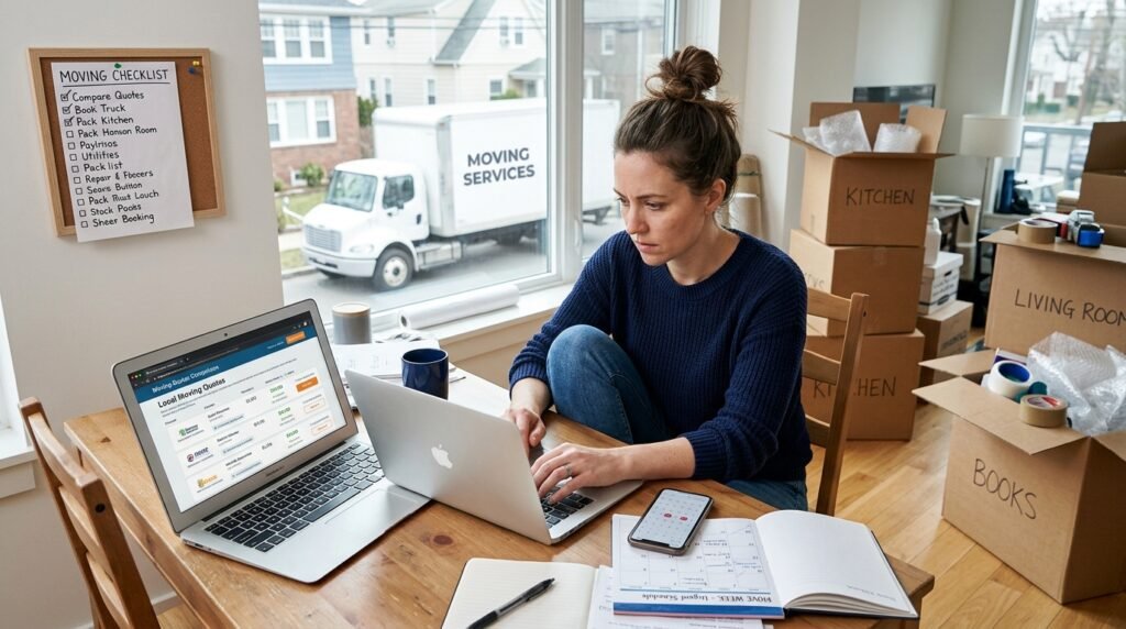 Renter comparing last-minute moving quotes on a laptop with packed boxes nearby