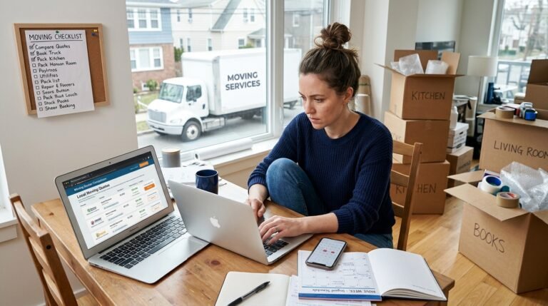 Renter comparing last-minute moving quotes on a laptop with packed boxes nearby