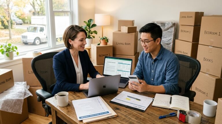 HR manager and employee reviewing relocation plans and moving quotes with boxes packed for a move