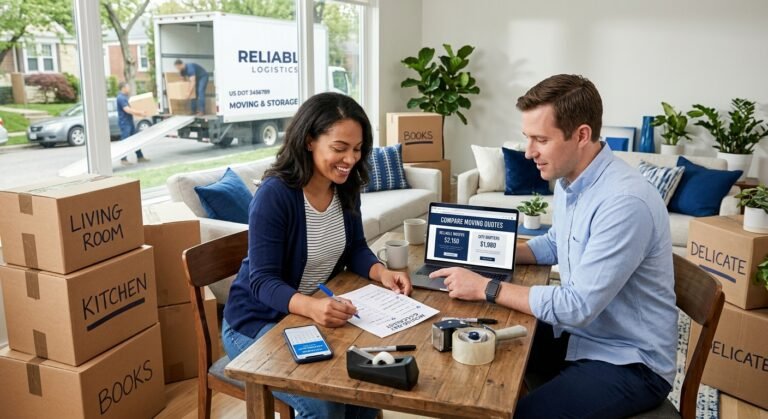 Couple reviewing a moving day checklist before movers arrive with boxes packed and a laptop open