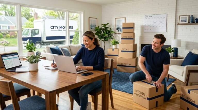 Couple unpacking boxes in a new home while reviewing a moving checklist on a laptop
