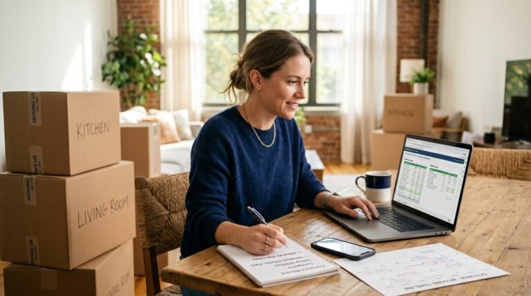 New homeowner using a laptop to organize utility setup and moving plans among packed boxes.