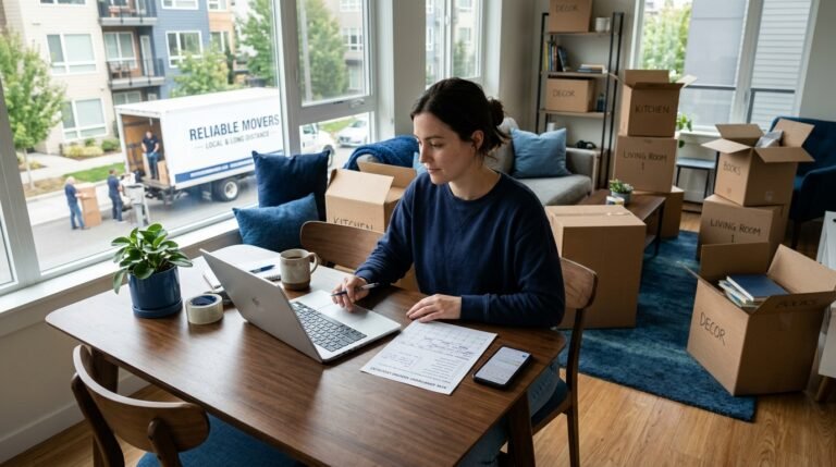 New homeowner unpacking boxes and reviewing a moving checklist on a laptop during the first week after moving.