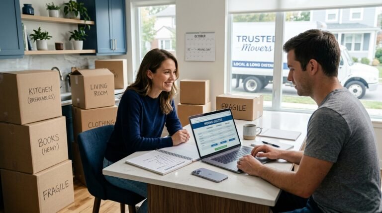Couple reviewing an 8-week moving checklist and comparing movers on a laptop