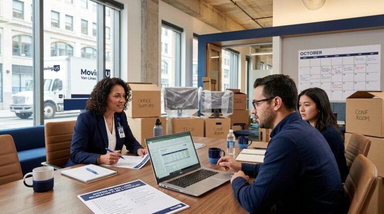 Office manager reviewing commercial moving quotes next to packed boxes and a relocation checklist