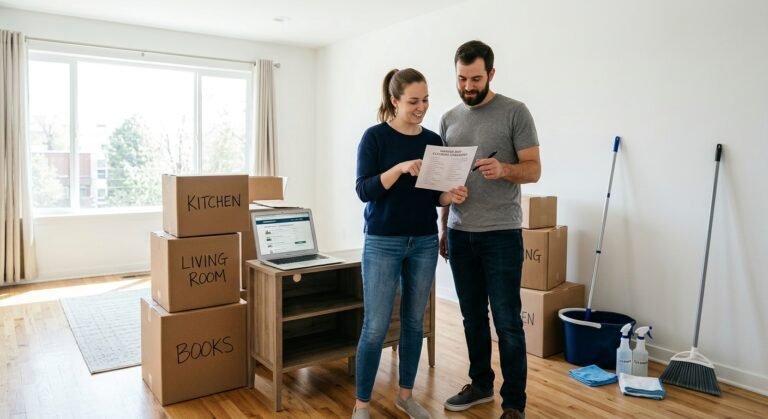 Couple reviewing a move out cleaning checklist in an empty apartment with packed boxes and cleaning supplies.