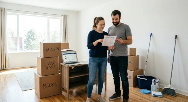Couple reviewing a move out cleaning checklist in an empty apartment with packed boxes and cleaning supplies.