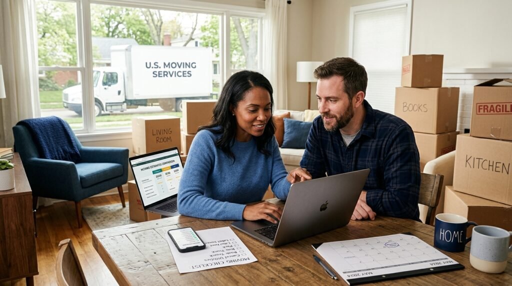 Couple comparing moving quotes on a laptop before booking movers in advance