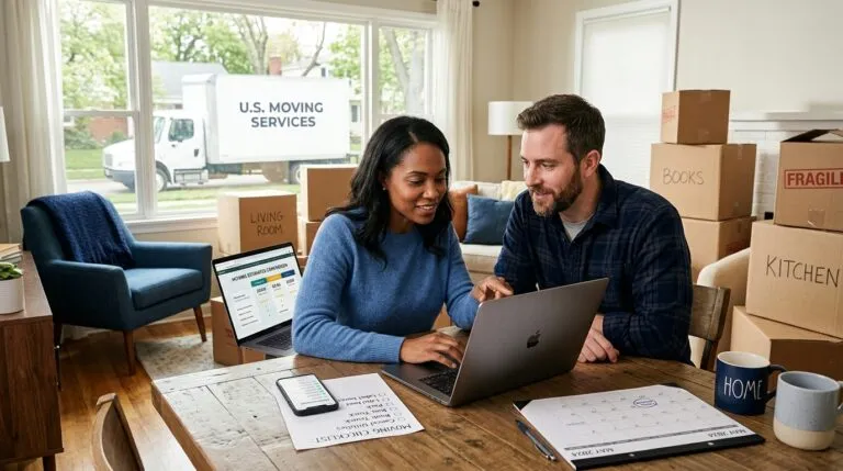 Couple comparing moving quotes on a laptop before booking movers in advance